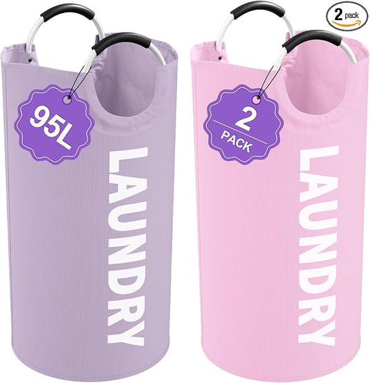 2Pcs 95L Purple + Pink Laundry Basket, Folding Laundry Hampers for Women with Soft Handles, Freestanding Dirty Clothes Basket, Sturdy Oxford Fabric Clothes Hampers for Travel, Dormitory by IHOMAGIC
