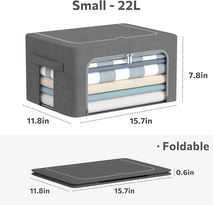 CYhom 3Pack Foldable Storage Bins - Frame Storage Box Linen Fabric Stackable Clothes Container Organizer with Clear Window & Carry Handles Large Capacity (Small-22L, Dark Gray) - Image 4