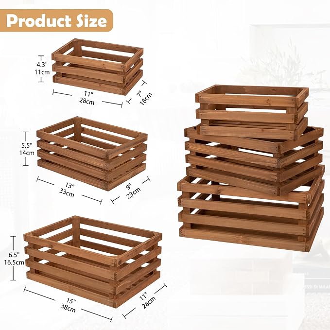 Set of 3 Nesting Wooden Storage Crates - Large Rustic Wooden Storage Crates for Display Brown Wood Container Boxes Wood Baskets for Farmhouse Flower Stand Display Rack for Shops Exhibitions Home Decor - Image 4