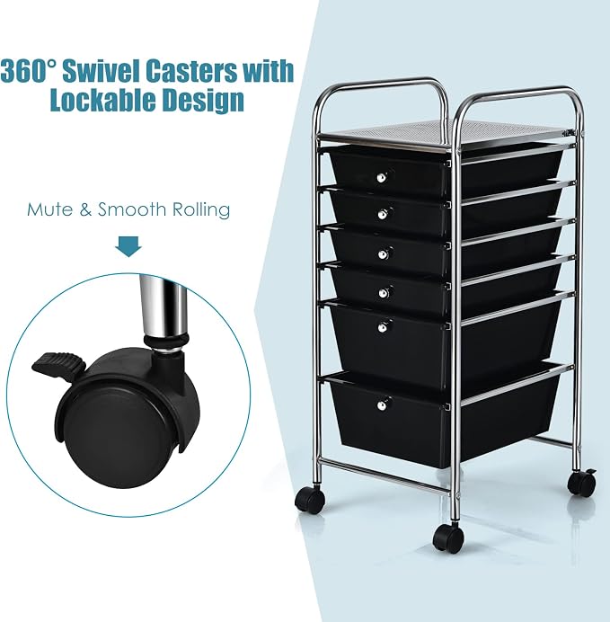 Giantex Rolling Storage Cart with 6 Drawers, Multipurpose Mobile Organizer Cart for Tools Scrapbook Paper Home Office School (Black) - Image 5