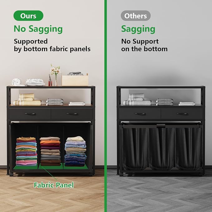 150L Laundry Sorter Hamper 3 Section with 2 Shelves & 2 Drawers | 3 Compartment Clothes Storage Organizer Cart, Pull-Out Removable Oxford Fabric Bags - Image 8