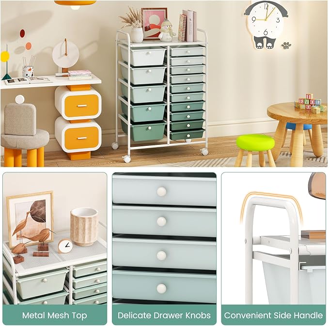RELAX4LIFE 15-Drawer Storage Drawer Carts - Mobile Rolling Utility Cart | 34.5"H White Metal Frame, Gradient Green Drawers, Rolling Wheels; Classroom School Office Home Craft Utility Storage - Image 7