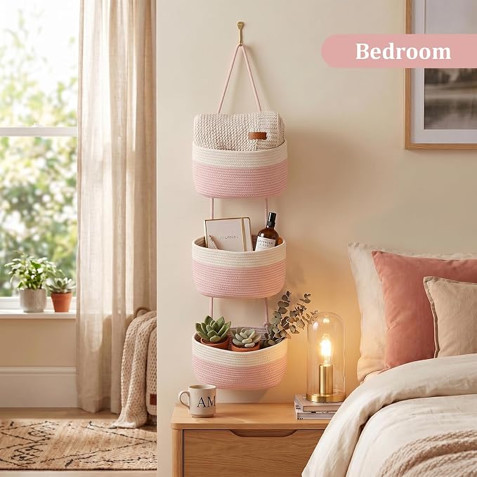 TeoKJ Over the Door Hanging Basket, 3-Tier Woven Cotton Wall-Mounted Storage Organizer Bag Decorative Hanging Nursery Baskets, Pink & White - Image 6