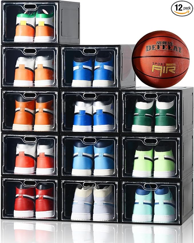 INSTY 12 Pack Large Shoe Storage Box, Clear Shoe Storage Organizer with Magnetic Door, Stackable,Shoe Containers For Display Sneakers, Easy Assembly, Fit up to US Size 12, Black by INSTY