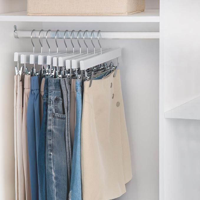Nature Smile Deluxe Wooden Pants Hangers, White, Pack of 28 | Solid Wood Bottom, Jeans Hanger, Skirt Hanger, 2-Adjustable Clips - Image 3