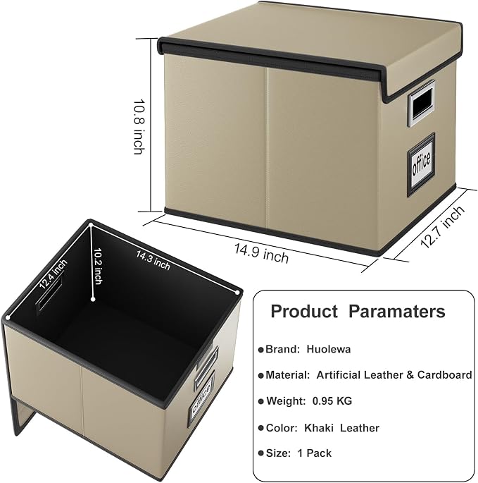 Foldable File Organizer Box with Lids (1 Pack, Khaki, Leather) | File Box with Plastic Slides for Document, Filing Bin for Letter Size Hanging File Folders (1 Pack, Khaki, Leather) - Image 6