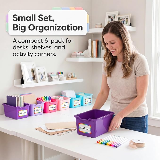 Funrous 6 Pack Plastic Cubby Bins for Classroom, Stackable Storage Bins with Rainbow Labels and Handles Cubby Organizer Containers for Teacher Supplies Home Office Daycare and Playroom (Purple Pastel) - Image 4
