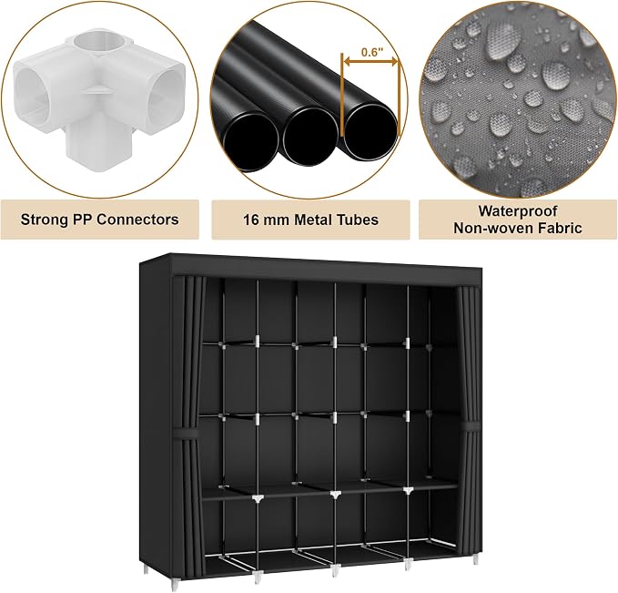 67" Portable Wardrobe Closet for Hanging Clothes Large Capacity for Bedroom | Non-woven Fabric Cover, 4 Clothes Hanging Rods, 8 Storage Shelves, Black - Image 4