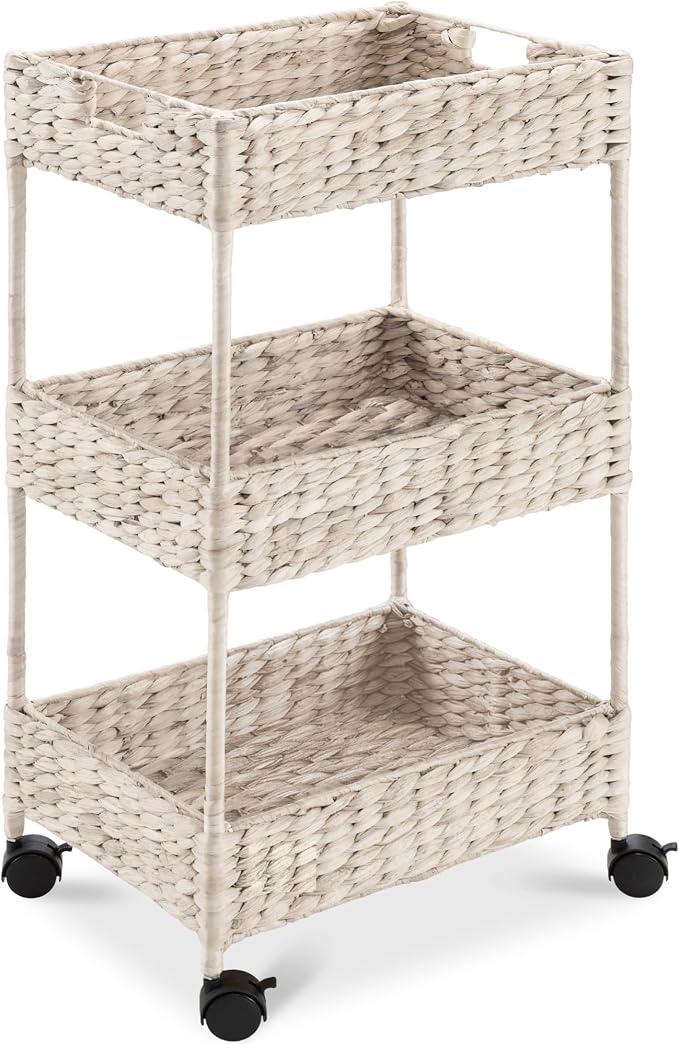 Best Choice Products 3-Tier Water Hyacinth Rolling Nursery Caddy w/Wheels, Utility Cart, Storage Organization for Bathroom, Craft Room, Laundry Room - Whitewash by Unknown