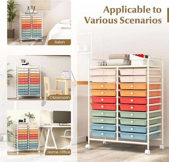 RELAX4LIFE 20 Drawer Rolling Storage Cart, Mobile Rolling Cart w/Drawers for School Classroom Teacher Office Home Salon, Paper File Art Supply Craft Organizer, Utility Cart on Wheels (Macaron) - Image 7