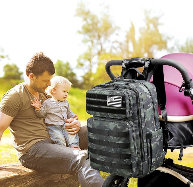 Large Dad Diaper Bag Backpack, Tactical Style, Camouflage | Stroller Clips, Luggage Sleeve for Travel, Insulated Pockets - Image 2