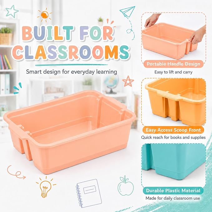 6 Pack Plastic Book Bins For Classroom Stackable Classroom Organizer with Handle Cubby Bins for School Library Office Home Nursery Playroom Organization(Boho) - Image 3