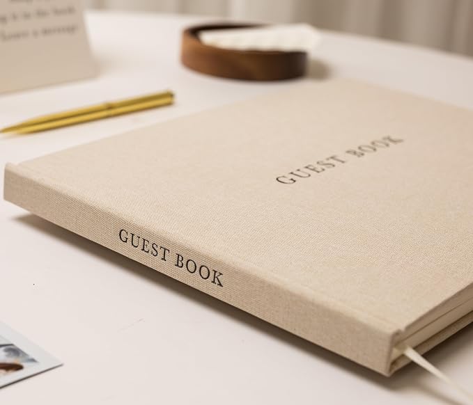 Real Linen Guest Book Set - 11.5 x 8.5 Embossed Guestbook for Weddings, Showers, Events, Blank & Lined, Comes with Sign, Pen, Box and Photo Sleeves, 120 Pages (Beige) - Image 8