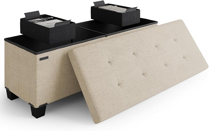 Storage Ottoman Bench with Bins, 43-in Storage Bench for Bedroom End of Bed, Folding Foot Rest Ottoman for Living Room Max 660lbs, Fabric Ottomans, Beige by STORAGEBUD