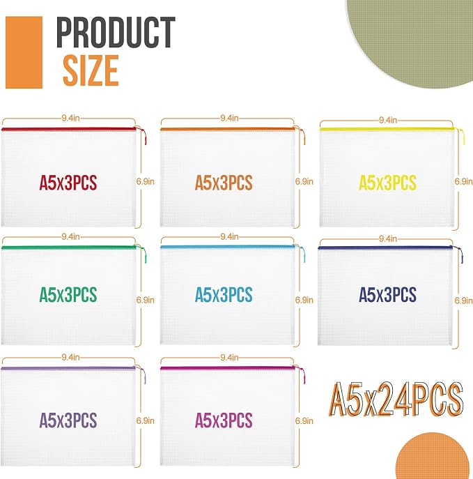 24pcs Mesh Zipper Pouch File Bags Puzzle Storage Bags, A5 Size 9.4 x 6.9 Inches Large Reusable Zipper Pouches for Organizing Classroom Board Game Organization - Image 2