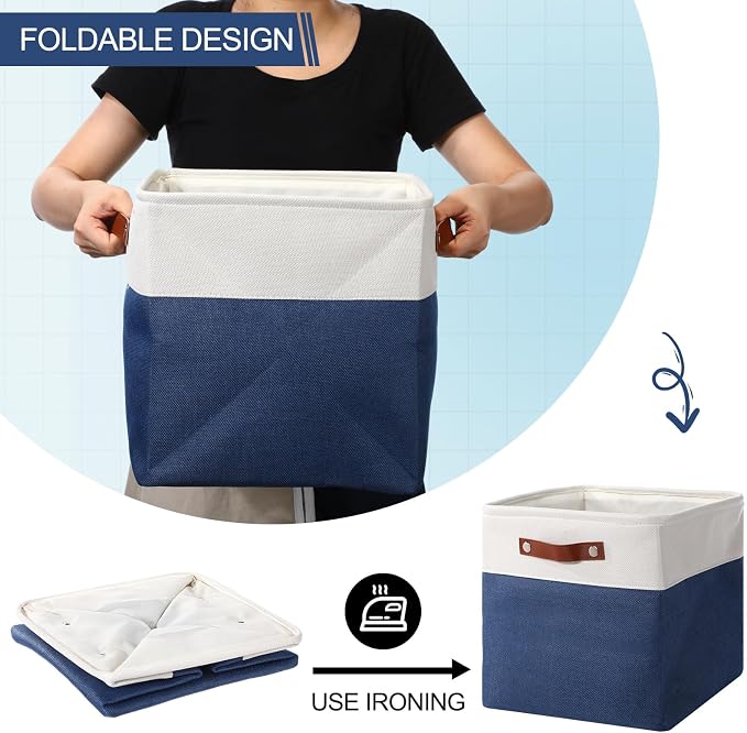 Uiifan 8 Pack 12 x 12 x 12 Inch Large Storage Baskets Collapsible Fabric Storage Cubes Bins with Handles for Shelves Closets Nursery Home Clothes Toys Organizers, Blue - Image 7