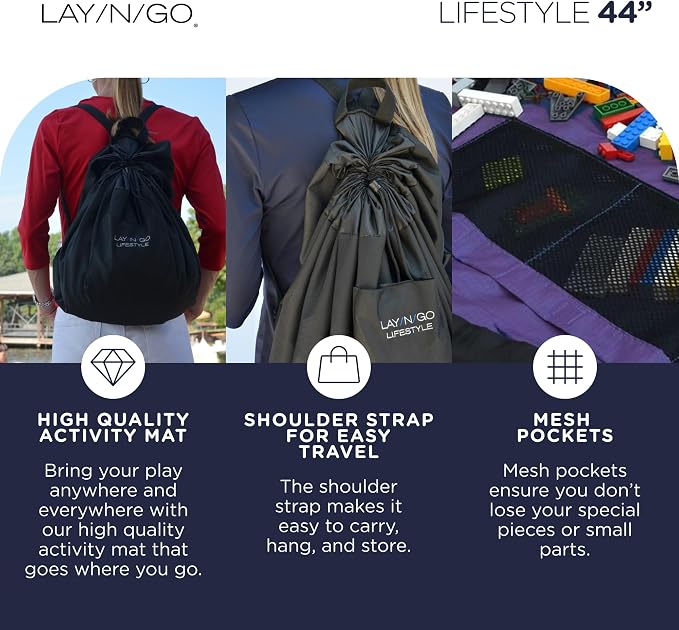 Lay-n-Go Layflat Portable Drawstring Cinch Storage Toy & Mini Figures Organizer & Play Mat, Mesh Pockets, Home & Travel, Kids & Toddlers Playdates, 2 Straps for Backpack, Durable, Machine Washable - Image 4