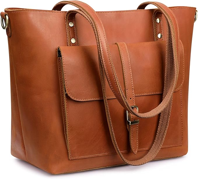 S-ZONE Women Vintage Genuine Leather Tote Bag Large Shoulder Purse Work | 14" Padded Laptop Compartment, Detachable Long Strap, Luggage Strap, Multi Pockets, Travel Everyday by S-ZONE