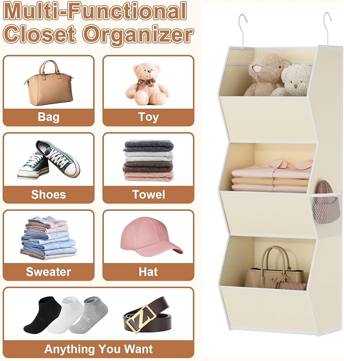 Hanging Closet Organizers and Storage for Kids Room Organization, 3 Tiers | Hanging Closet Shelves for Underwear Swimsuit Storage, Hanging RV Closet Organizers and Storage Camper Closet Organizer Beige - Image 5