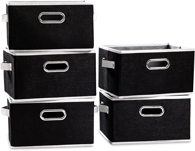Fodable Storage Baskets for Closet [5-pack] Decorative Fabric Storage Bins Cubes with Leather/Metal Handles for Shelves Bedroom Living Room Black (11.5x8.5x6.7 Inch) by Prandom