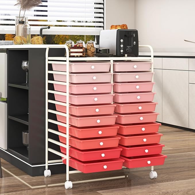 RELAX4LIFE 20 Drawer Rolling Storage Cart, Mobile Rolling Cart w/Drawers for School Classroom Teacher Office Home Salon, Paper File Art Supply Craft Organizer, Utility Cart on Wheels (Gradient Pink) - Image 8
