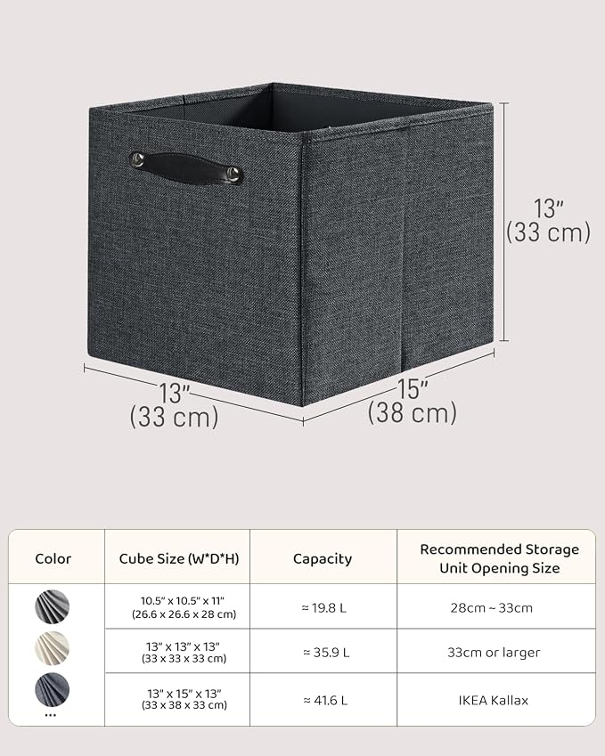 Cube Storage Bins | 13"x15"x13", Graphite Gray, 4 Pack | Multi-Size | 2X Thick Support Board | Vegan Leather Handles | 7.7 oz/yd² Fabric | Drawer Insert Basket Fits KALLAX - Image 7