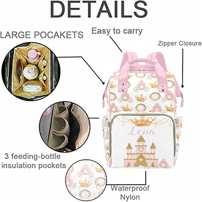 Custom Diaper Bag Backpack with Name Personalized Princess Crown Nappy Bag for Mommy Mother's Day Gift Customized Adjustable Shoulders Nursing Bag Daypack - Image 5