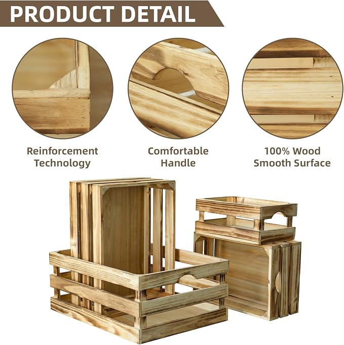 Large Torched Wood Storage Crates Decorative, Set of 4 Nesting Wooden Crates for Display Rustic, Farmhouse Wooden Storage Container Boxes Made from 100% Wood - Image 3