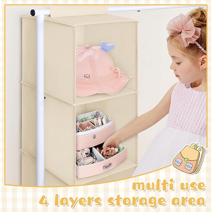 Univivi Kids Clothing Rack with Hanging Organizer, 43 Inch, Beige and White | Toddler Dress Up Storage with Bottom Shelf, Sturdy Metal Baby Closet, Toddler Wardrobe Rack for Nursery, Playroom, Bedroom - Image 4