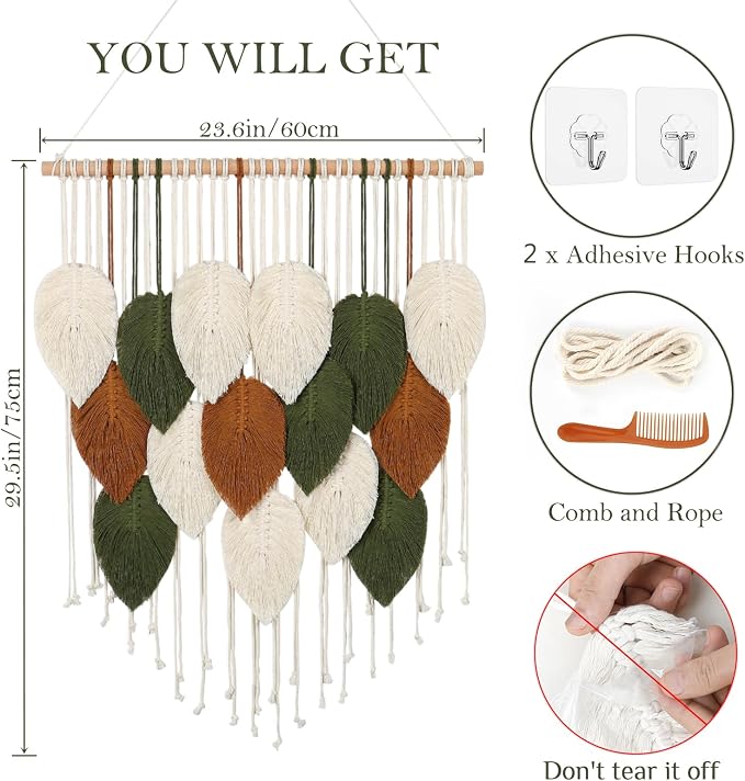 Macrame Wall Hanging Boho Woven Tapestry Chic Home Decor Modern Wall Art | KHOYIME Bohemian Handmade Leaf Feather Decorations for Apartment Dorm Living Room Bedroom Nursery Backdrop 23.6" W X 29.5" L - Image 2