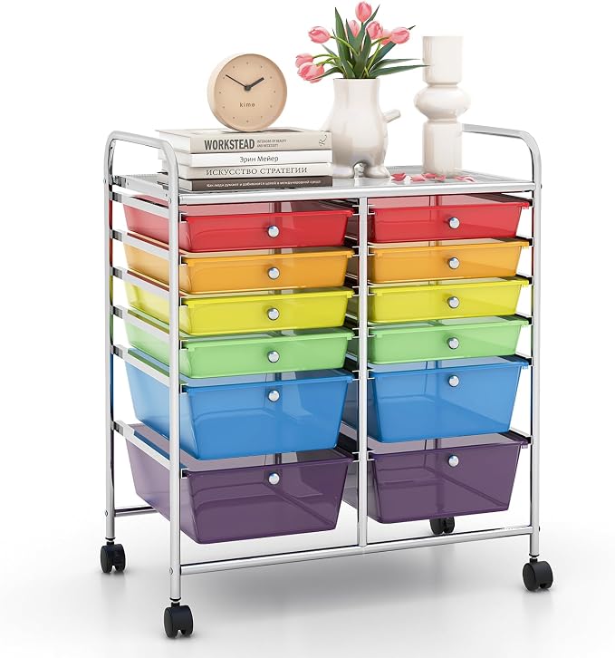 12 Drawer Rolling Storage Cart, Craft Cart Organizer on Wheels w/Metal Frame, Large Capacity & Smooth Drawer, Rolling Cart w/Drawers for Classroom, Office by LDAILY