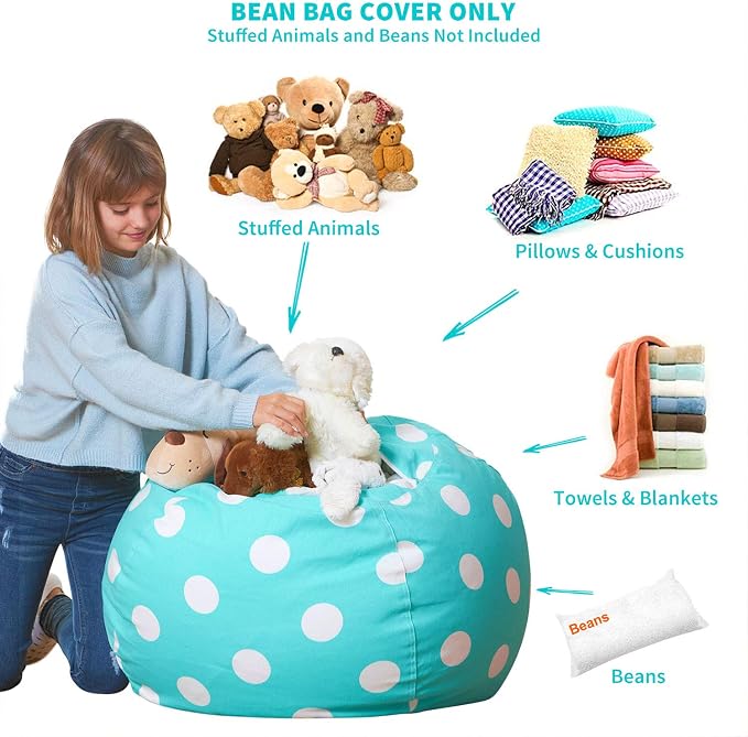 Aubliss Stuffed Animal Bean Bag Storage Chair, Beanbag Covers Only | for Organizing Plush Toys, Turns into Bean Bag Seat for Kids When Filled, Large 38"-Canvas Dot Light Aqua - Image 3
