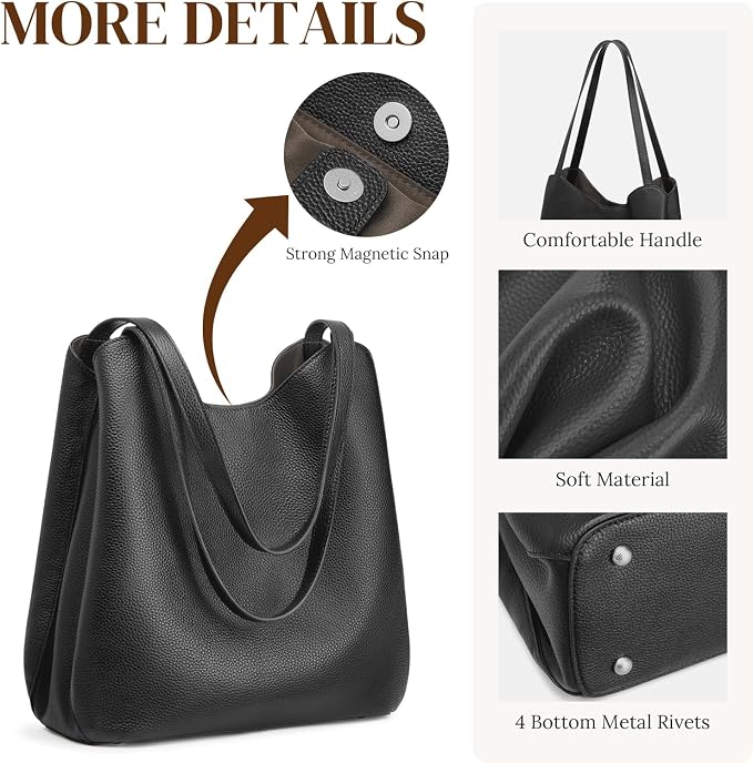 S-ZONE Soft Genuine Leather Tote Bag for Women, Shoulder Handbag Purses | Top Grain Pebbled Cowhide Leather, Fits 9.7" Pad, Multi Compartments, Bottom Metal Rivets, for Work Travel Daily - Image 6