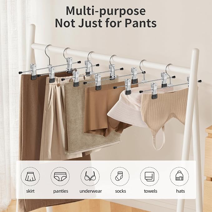 Pants Hangers with Clips: 10Pack Skirt Hangers for Women Metal Adjustable Trouser Hangers for Jeans Shorts Dress - Black (Pack of 2) - Image 3
