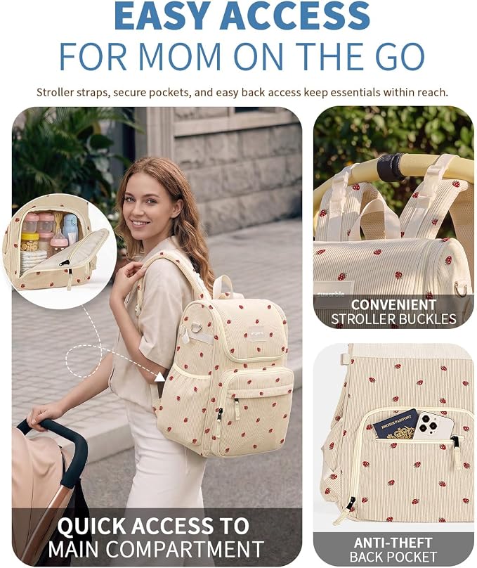 Large Corduroy Diaper Bag Backpack for Mom, 25L Baby Travel Bag with Insulated Bottle Pockets, 40oz Side Strap & Stroller-Ready Straps - Image 5