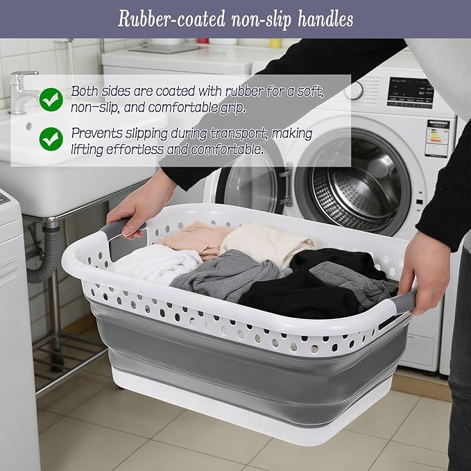 2 Pcs Collapsible Laundry Baskets, 11 Gallon 42L Collapsible Laundry Clothes Hamper, Foldable Laundry Hamper with Non-Slip Handles, Portable Space Saving Pop-Up Laundry Hamper Container (Grey-White) - Image 7
