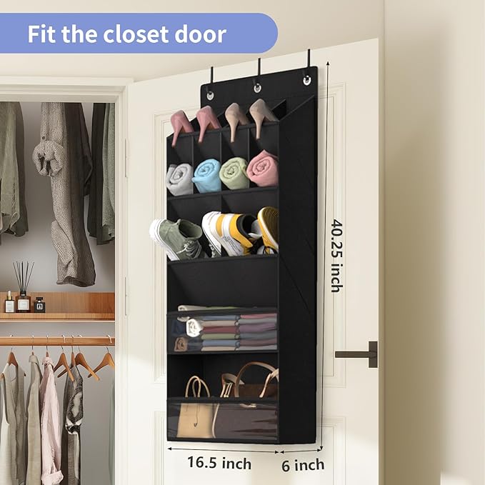 FENTEC 1 Pack Over-the-Door-Shoe-Organizers, Hanging Shoe Organizer with Large Pocket Shoe Holder Hanging Shoe Rack for Closet Shoe Organizer for Wall, Over Door Organizer with 15 Pockets Black | Shoe Holder, Hanging Shoe Rack for Closet, 15-20 Pairs S... - Image 4