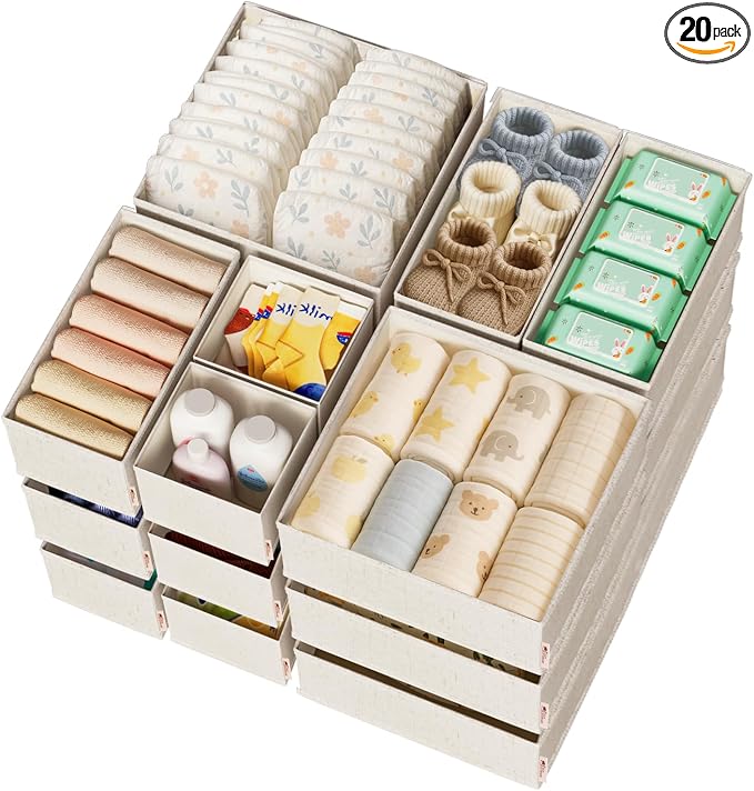 ZenStortage Cotton Linen Baby Drawer Organizers for Nursery, 20Pack Beige | Natural Cotton Linen Fabric, 3 Sizes for Flexible Combinations, Skin-Friendly Material, Foldable Zipper Design by ZenStorage