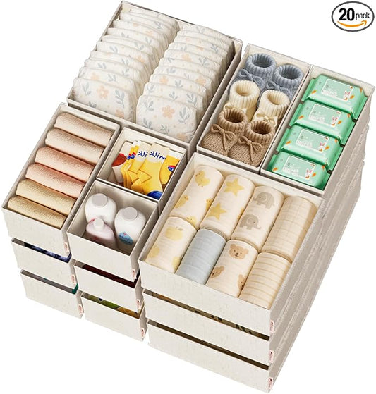 ZenStortage Cotton Linen Baby Drawer Organizers for Nursery, 20Pack Beige | Natural Cotton Linen Fabric, 3 Sizes for Flexible Combinations, Skin-Friendly Material, Foldable Zipper Design by ZenStorage