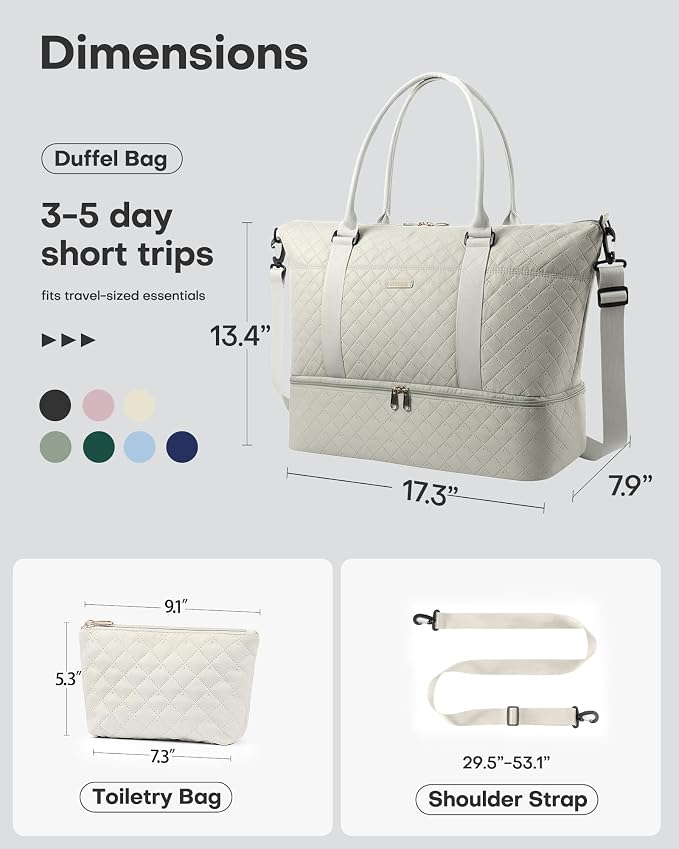 HOTOR Travel Duffel Bag - Weekender Bags for Women, Carry On Gym Tote Bags | with Toiletry Bag & Shoe Compartment, Overnight Bag for Travel Essentials and Travel Accessories, Beige, 13.4"×17.3"×7.9" - Image 5