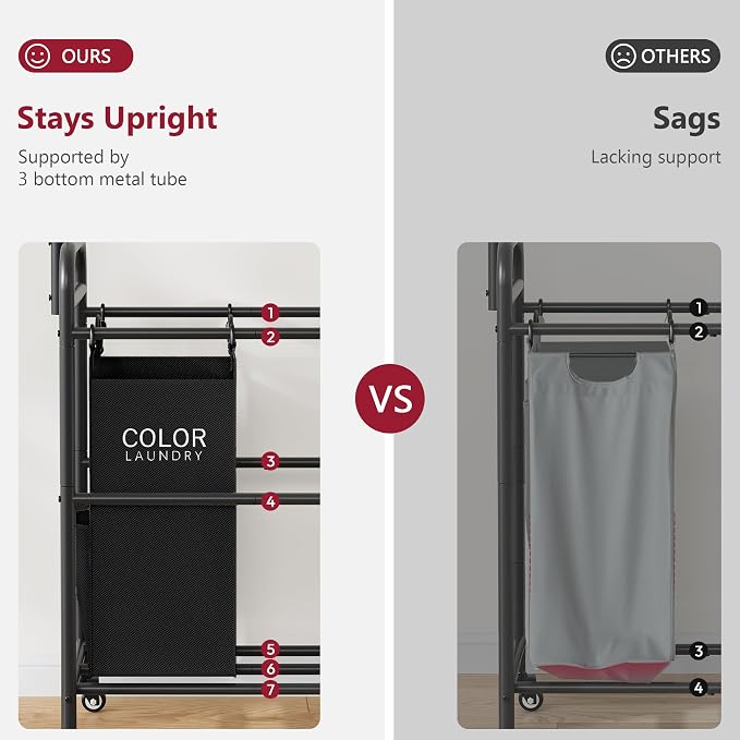 Laundry Sorter with Hanging Rack, 5 Section Laundry Sorter, Black | 246L Laundry Hamper with Removable Bag and Extended Side Bars, Rolling Laundry Sorter Cart for Bedroom, Laundry Room - Image 5