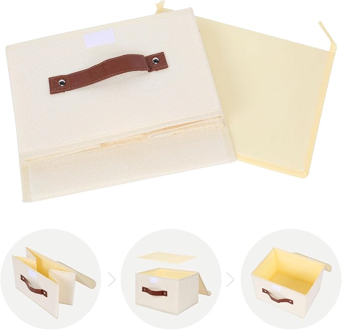 ANMINY Fabric Storage Box Bins with Lids, Beige, 10"x8"x7" | Keepsake Memory Storage, Cotton Linen, PP Board Reinforced, Washable, PU Handles, Foldable & Stackable, Decorative, Small - Image 9
