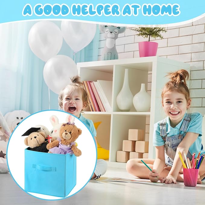 Yinder 12 Pcs Cube Storage Bin Blue 10.5''x10.5''x11'' Storage Bins for Playroom Decor Colorful Bins for Kids Foldable Baskets for Nursery Organizer Boxes Fabric Boxes(Dark and Light Blue) - Image 4