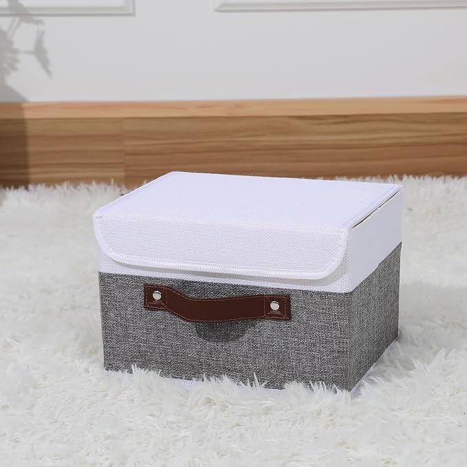ANMINY Fabric Storage Box Bins with Lids, Gray White, 13"x9"x7.9" | Keepsake Memory Storage, Cotton Linen, PP Board Reinforced, Washable, PU Handles, Foldable & Stackable, Decorative, Medium - Image 6