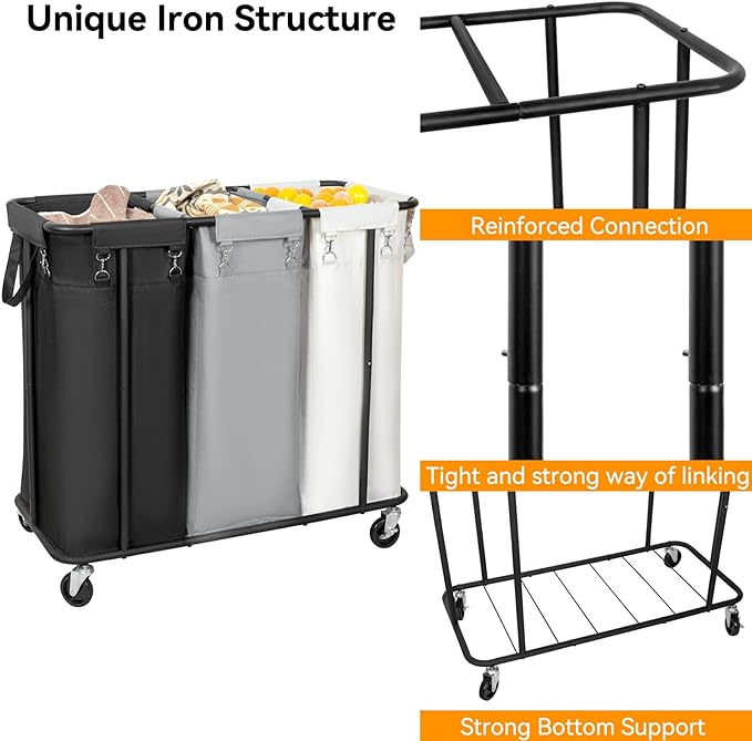 WOWLIVE Laundry Hamper 3 Section, 260L Rolling Laundry Basket with Wheels | Laundry Cart with Steel Frame and Removable Bags, Large Dirty Clothes Hamper Dorm Room Storage for Bedroom - Image 6