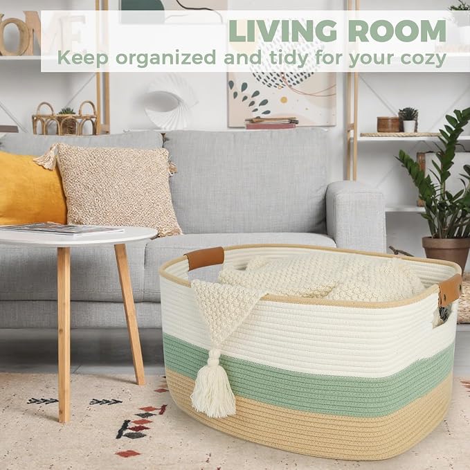 Large Woven Basket, 108L Rectangular Woven Storage Basket with Leather Handles, Stylish Organizer Bin for Home, Office, Laundry, Toys, or Blankets, 25’’*16’’*16’’ White & Green & Jute - Image 4