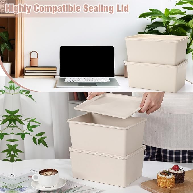 6 Pcs Small Plastic Storage Bins with Lids,Beige - Image 3