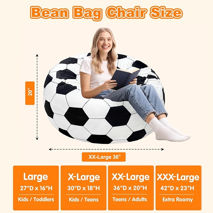 Lukeight Soccer Bean Bag Chair for Teens and Adults, Memory Foam Filled Floor Lounger, Washable Velvet Cover with Inner Liner, Beanbag Chair with Filling for Gaming and Reading, XX-Large 36"D x 20"H - Image 2
