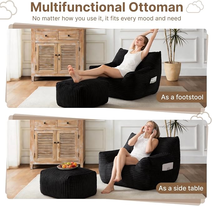 Oversized Bean Bag Chair with Ottoman, Bean Bag Couch with 2 Side Pockets, Corduroy Boneless Couch Chair in a Box, Comfy Lounge Chair for Living Room, Bedroom, Dorm, Black - Image 4