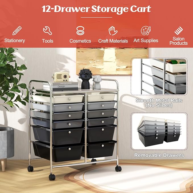 Moccha 12-Drawer Rolling Storage Cart - Utility Cart on Wheels with Lockable Casters for Craft Art Supply Paper Salon, Mobile Drawer Carts for Classroom Teacher School Office (Gradient Grey) - Image 4